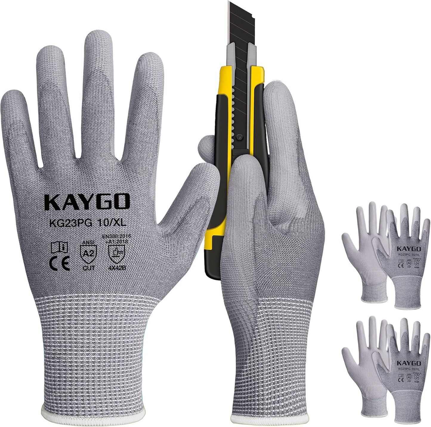 Cut Resistant Gloves PU Coated 3 Pairs, ANSI Cut Level A2, Lightweight Safety Work Gloves, Ideal for Industrial and Construction (Large,Grey)