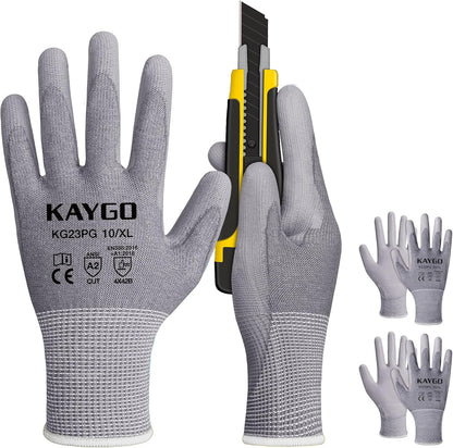 Cut Resistant Gloves PU Coated 3 Pairs, ANSI Cut Level A2, Lightweight Safety Work Gloves, Ideal for Industrial and Construction (Large,Grey)