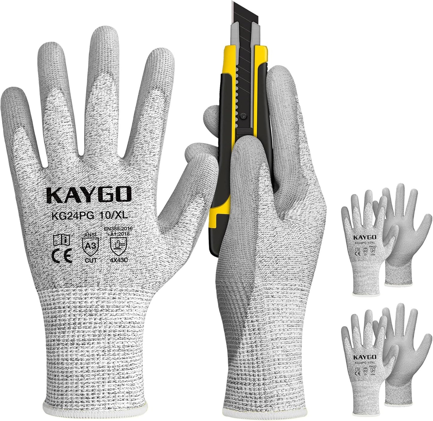 Cut Resistant Gloves PU Coated 3 Pairs, ANSI Cut Level A2, Lightweight Safety Work Gloves, Ideal for Industrial and Construction (Large,Grey)
