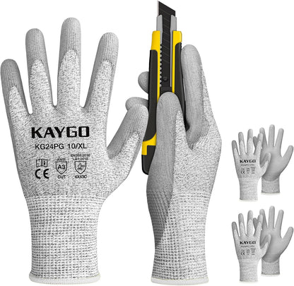 Cut Resistant Gloves PU Coated 3 Pairs, ANSI Cut Level A2, Lightweight Safety Work Gloves, Ideal for Industrial and Construction (Large,Grey)