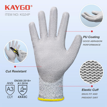 Cut Resistant Gloves PU Coated 3 Pairs, ANSI Cut Level A2, Lightweight Safety Work Gloves, Ideal for Industrial and Construction (Large,Grey)