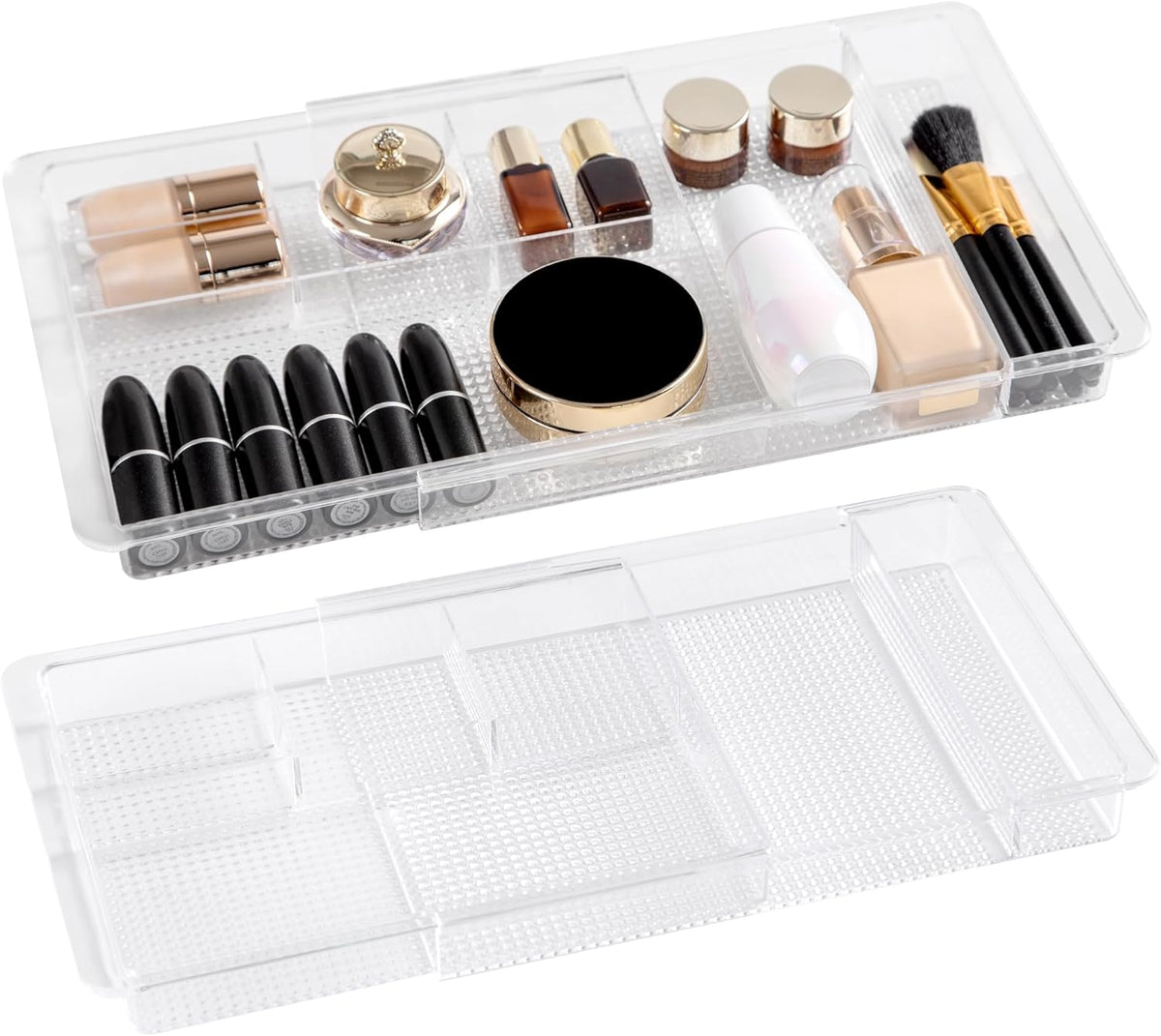 Expandable Drawer Organizer 11.1” to 19.2” Width, Shallow Cosmetic Organizer 1.3” Height, 2 Packs, Clear Plastic Storage Trays for Dressing Table,Bathroom