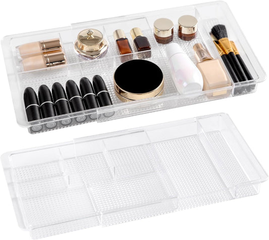 Expandable Drawer Organizer 11.1” to 19.2” Width, Shallow Cosmetic Organizer 1.3” Height, 2 Packs, Clear Plastic Storage Trays for Dressing Table,Bathroom