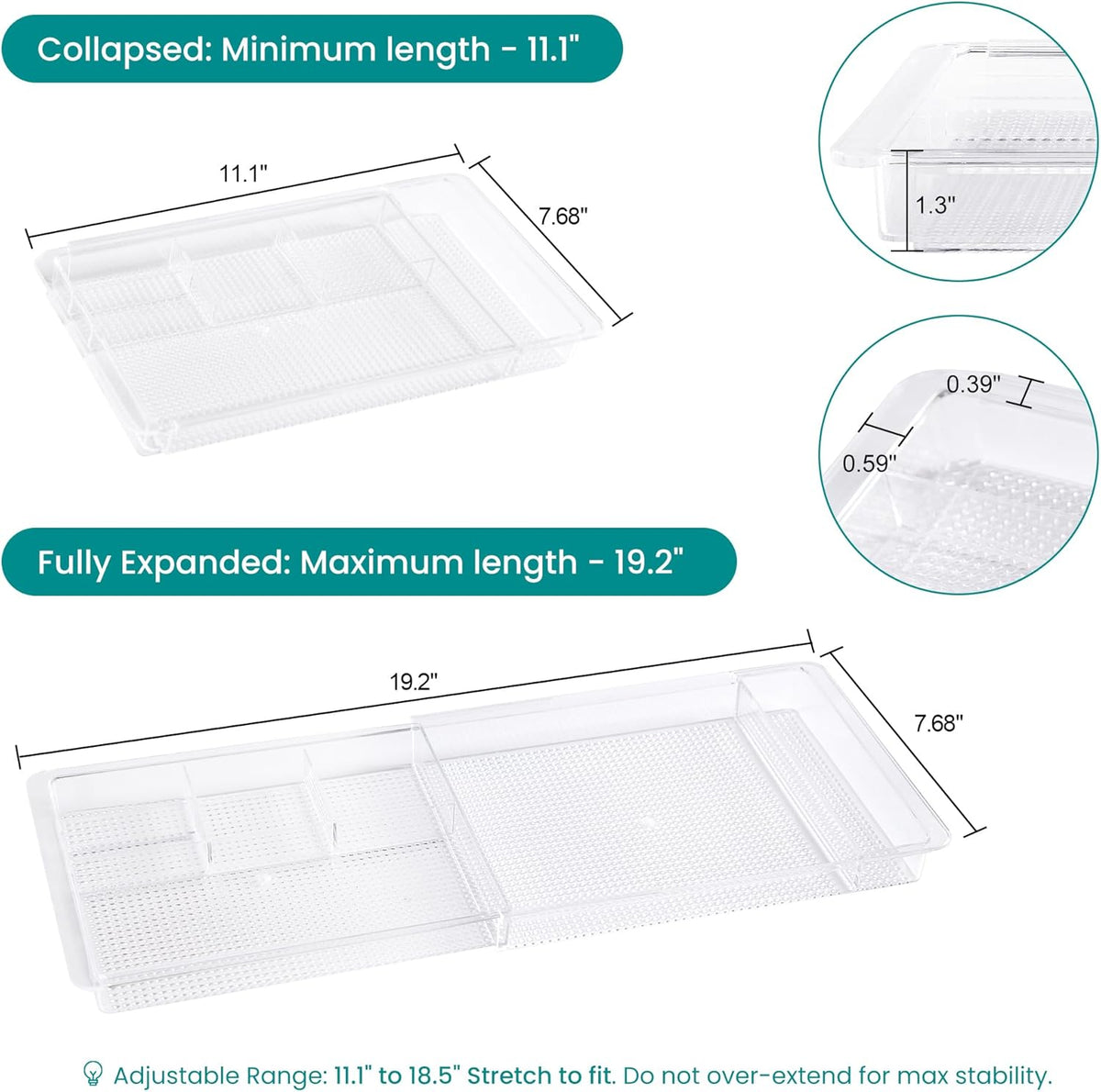 Expandable Drawer Organizer 11.1” to 19.2” Width, Shallow Cosmetic Organizer 1.3” Height, 2 Packs, Clear Plastic Storage Trays for Dressing Table,Bathroom
