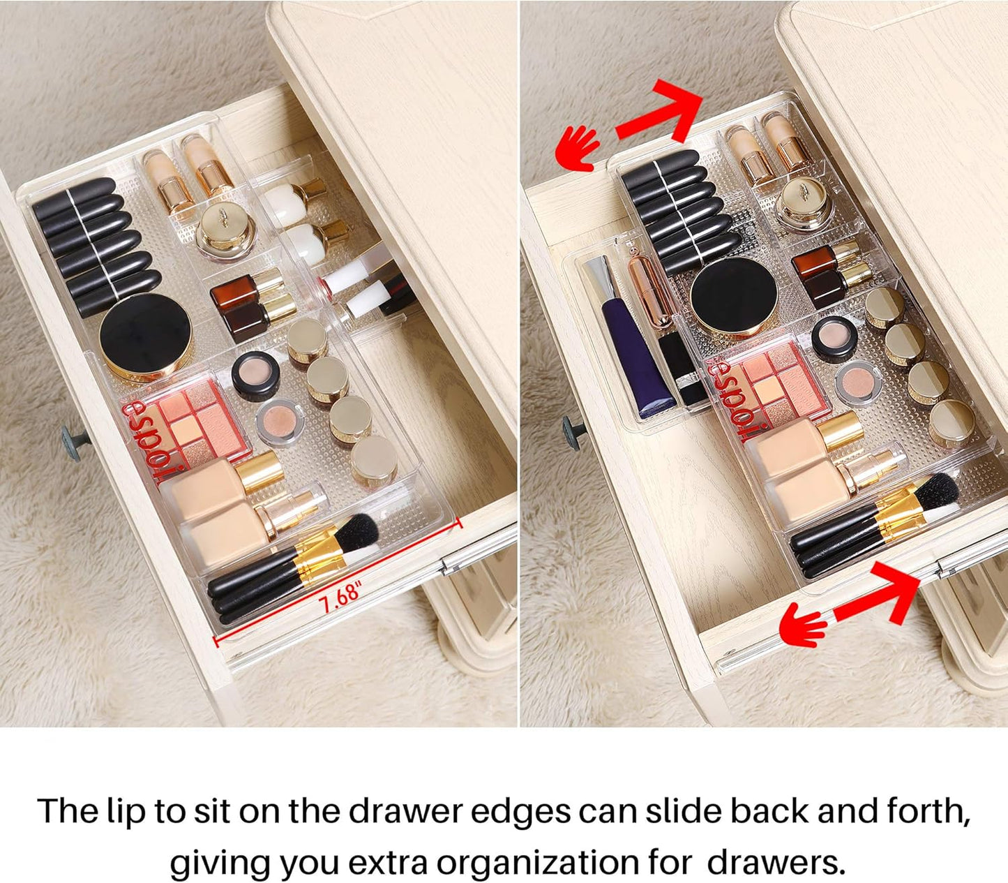Expandable Drawer Organizer 11.1” to 19.2” Width, Shallow Cosmetic Organizer 1.3” Height, 2 Packs, Clear Plastic Storage Trays for Dressing Table,Bathroom