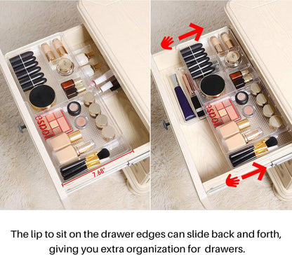 Expandable Drawer Organizer 11.1” to 19.2” Width, Shallow Cosmetic Organizer 1.3” Height, 2 Packs, Clear Plastic Storage Trays for Dressing Table,Bathroom