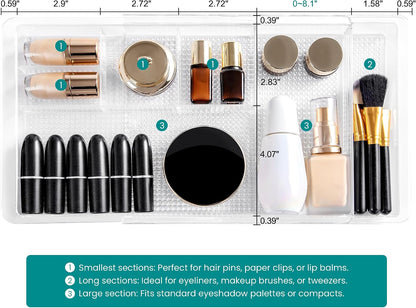 Expandable Drawer Organizer 11.1” to 19.2” Width, Shallow Cosmetic Organizer 1.3” Height, 2 Packs, Clear Plastic Storage Trays for Dressing Table,Bathroom