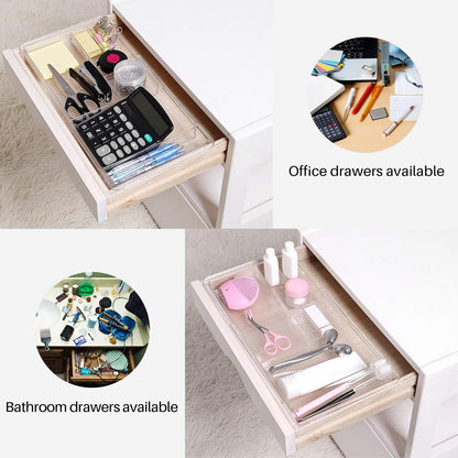 Expandable Drawer Organizer 11.1” to 19.2” Width, Shallow Cosmetic Organizer 1.3” Height, 2 Packs, Clear Plastic Storage Trays for Dressing Table,Bathroom
