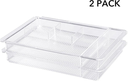 Expandable Drawer Organizer 11.1” to 19.2” Width, Shallow Cosmetic Organizer 1.3” Height, 2 Packs, Clear Plastic Storage Trays for Dressing Table,Bathroom
