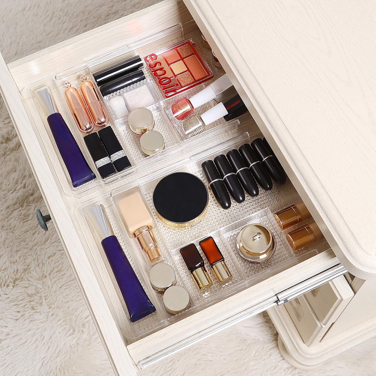Expandable Drawer Organizer 11.1” to 19.2” Width, Shallow Cosmetic Organizer 1.3” Height, 2 Packs, Clear Plastic Storage Trays for Dressing Table,Bathroom