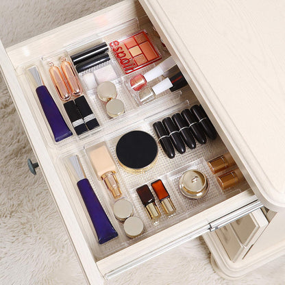 Expandable Drawer Organizer 11.1” to 19.2” Width, Shallow Cosmetic Organizer 1.3” Height, 2 Packs, Clear Plastic Storage Trays for Dressing Table,Bathroom