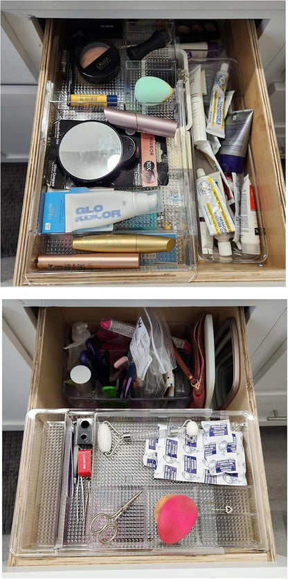 Expandable Drawer Organizer 11.1” to 19.2” Width, Shallow Cosmetic Organizer 1.3” Height, 2 Packs, Clear Plastic Storage Trays for Dressing Table,Bathroom