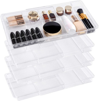 Expandable Drawer Organizer 11.1” to 19.2” Width, Shallow Cosmetic Organizer 1.3” Height, 2 Packs, Clear Plastic Storage Trays for Dressing Table,Bathroom