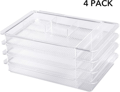 Expandable Drawer Organizer 11.1” to 19.2” Width, Shallow Cosmetic Organizer 1.3” Height, 2 Packs, Clear Plastic Storage Trays for Dressing Table,Bathroom