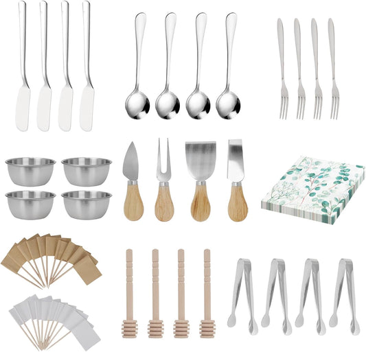 Charcuterie Boards Accessories Set 68-Piece includes wooden-handled cheese knife set, silver cheese spreader butter knife set, mini tongs spoons forks honey dipper napkins and cocktail picks.