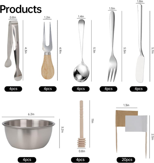 Charcuterie Boards Accessories Set 68-Piece includes wooden-handled cheese knife set, silver cheese spreader butter knife set, mini tongs spoons forks honey dipper napkins and cocktail picks.