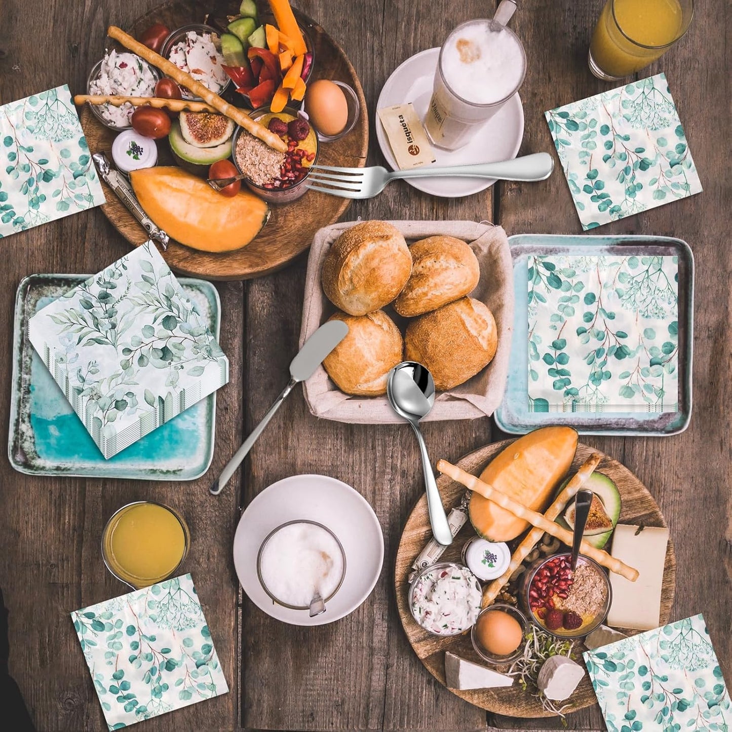 Charcuterie Boards Accessories Set 68-Piece includes wooden-handled cheese knife set, silver cheese spreader butter knife set, mini tongs spoons forks honey dipper napkins and cocktail picks.