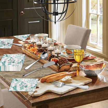Charcuterie Boards Accessories Set 68-Piece includes wooden-handled cheese knife set, silver cheese spreader butter knife set, mini tongs spoons forks honey dipper napkins and cocktail picks.