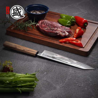 8 Inch Japanese Kiritsuke Chef Knife S35VN Damascus | Clean Pull Cuts, Fine Tip Control, Balanced Maple Handle, Detailed Ingredient Prep, Sandalwood Storage Box