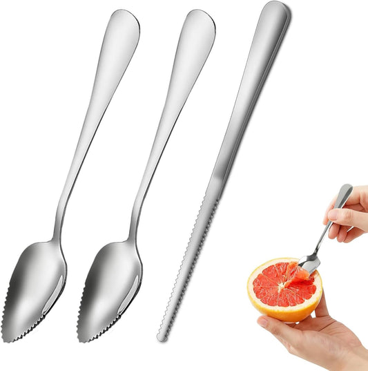 AMZLYSDOK Silver Kitchen Tool, Grapefruit Spoon & Knife Set, Stainless Steel Grapefruit Spoon Utensil with Serrated Edge, Multi-Use for Citrus, Kiwi, Dessert, Avocado & More (3 Pieces)