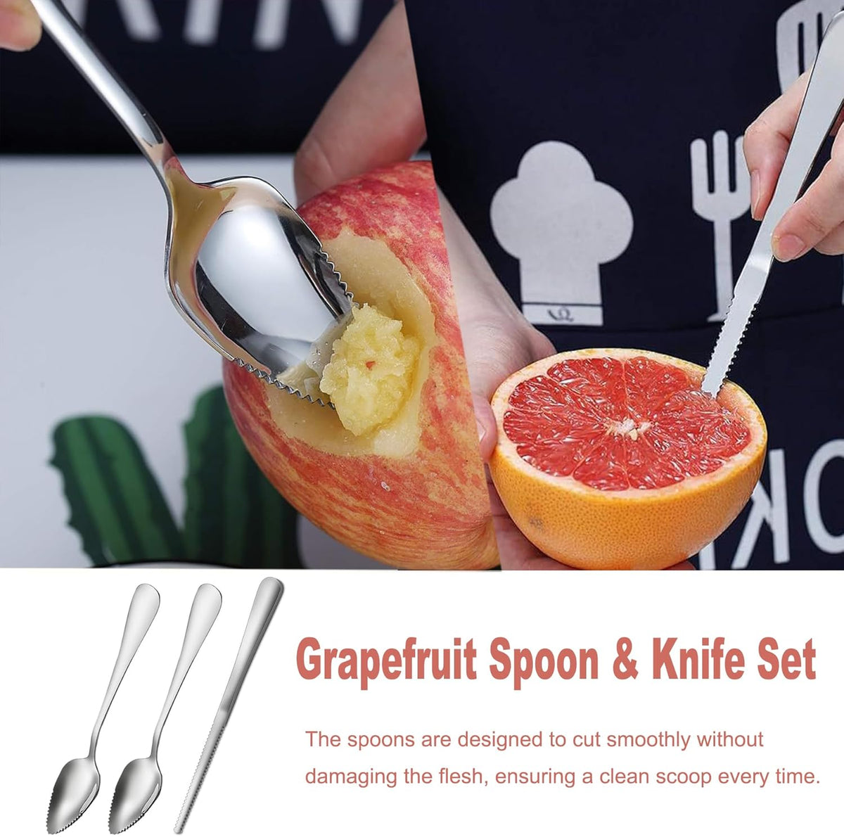 AMZLYSDOK Silver Kitchen Tool, Grapefruit Spoon & Knife Set, Stainless Steel Grapefruit Spoon Utensil with Serrated Edge, Multi-Use for Citrus, Kiwi, Dessert, Avocado & More (3 Pieces)