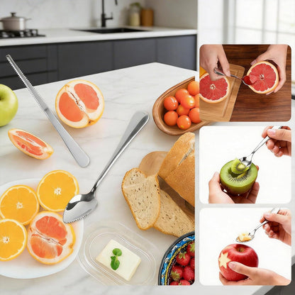 AMZLYSDOK Silver Kitchen Tool, Grapefruit Spoon & Knife Set, Stainless Steel Grapefruit Spoon Utensil with Serrated Edge, Multi-Use for Citrus, Kiwi, Dessert, Avocado & More (3 Pieces)