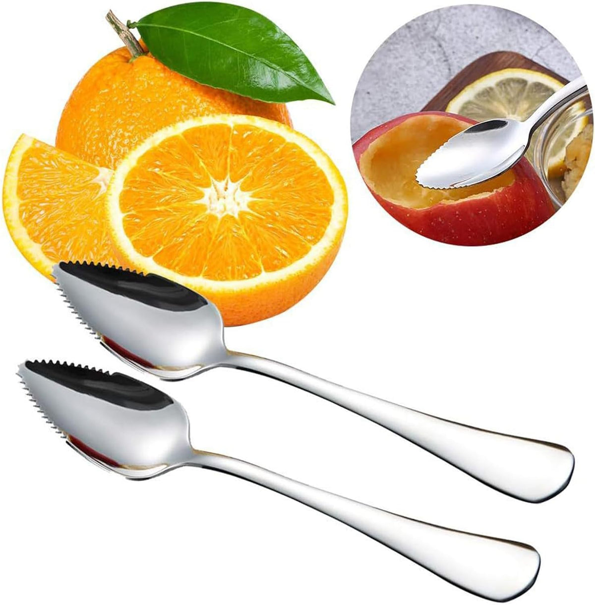 AMZLYSDOK Silver Kitchen Tool, Grapefruit Spoon & Knife Set, Stainless Steel Grapefruit Spoon Utensil with Serrated Edge, Multi-Use for Citrus, Kiwi, Dessert, Avocado & More (3 Pieces)