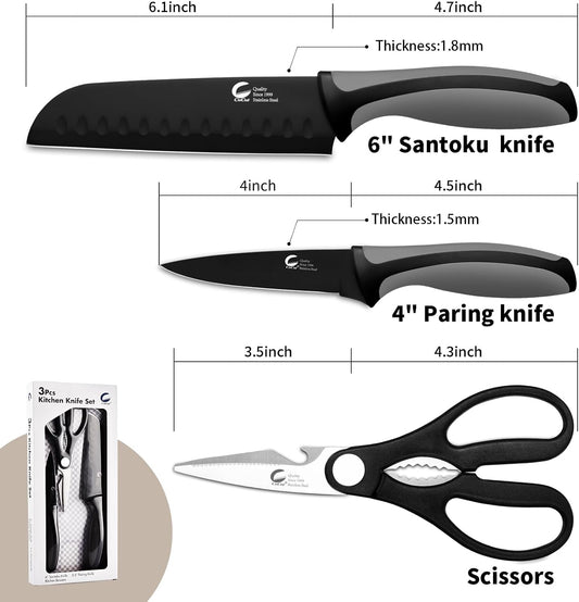 Kitchen Knife, 3-Pcs Black Knives Set with Multifunctional Kitchen Scissors, 6'' Santoku and 4'' Paring Knife for Chef Paring Cutting Slicing Dishwasher Safe (Anti-Slip Handle)