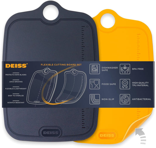 Deiss LUX Durable TPU Cutting Boards for Kitchen, Set of 2, Double-Sided Non-Slip Chopping Board, Built-in Ruler, Flexible Large Cutting Board, Deep Juice Grooves, Dishwasher Safe