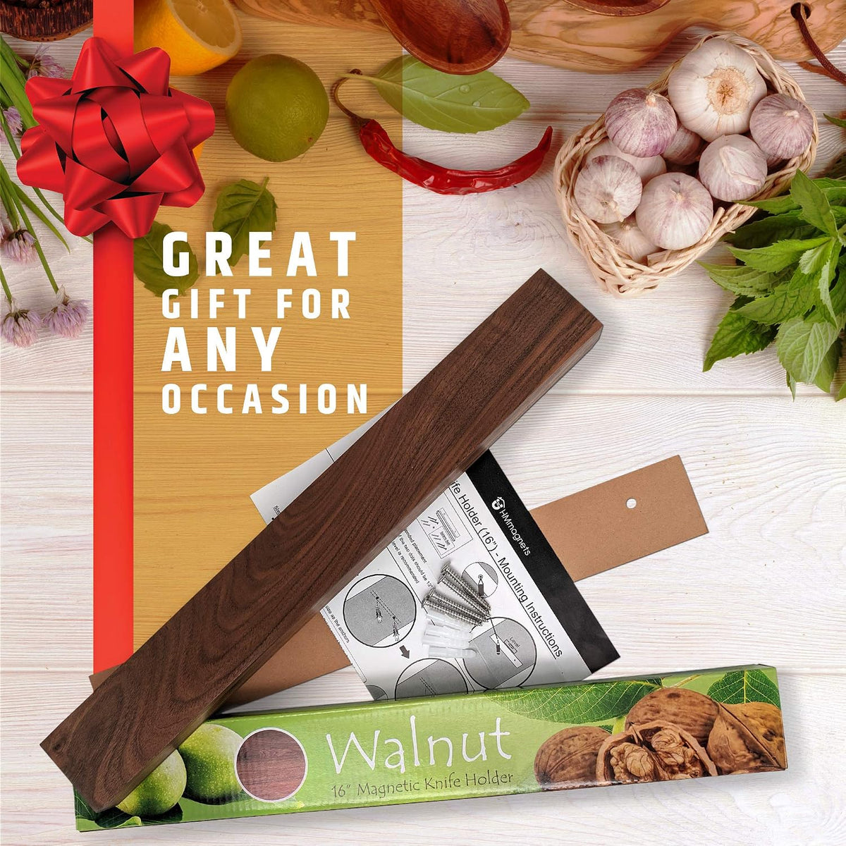Premium Dark Walnut Wood Magnetic Knife Holder for Wall | 16 Inch | Upgraded Version | Professional Wooden Magnetic Knife Strip - Space-Saving Knife Rack/Knife Bar With Powerful Magnetic Pull Force