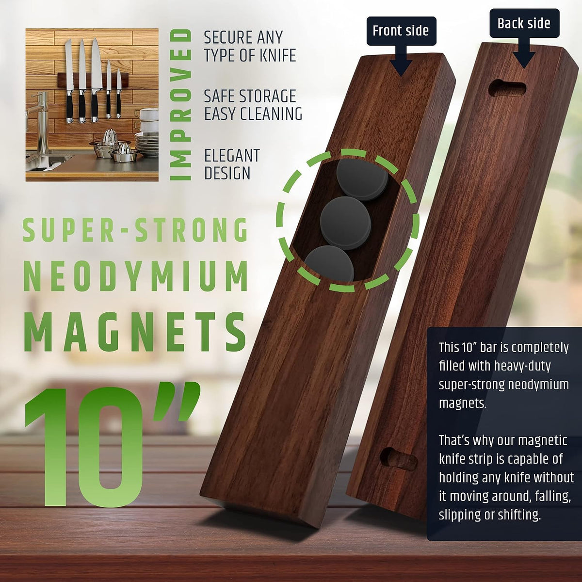 Premium Dark Walnut Wood Magnetic Knife Holder for Wall | 16 Inch | Upgraded Version | Professional Wooden Magnetic Knife Strip - Space-Saving Knife Rack/Knife Bar With Powerful Magnetic Pull Force