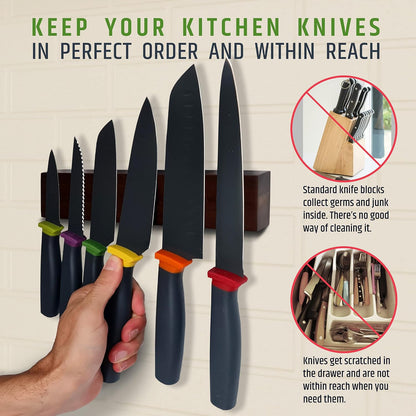 Premium Dark Walnut Wood Magnetic Knife Holder for Wall | 16 Inch | Upgraded Version | Professional Wooden Magnetic Knife Strip - Space-Saving Knife Rack/Knife Bar With Powerful Magnetic Pull Force