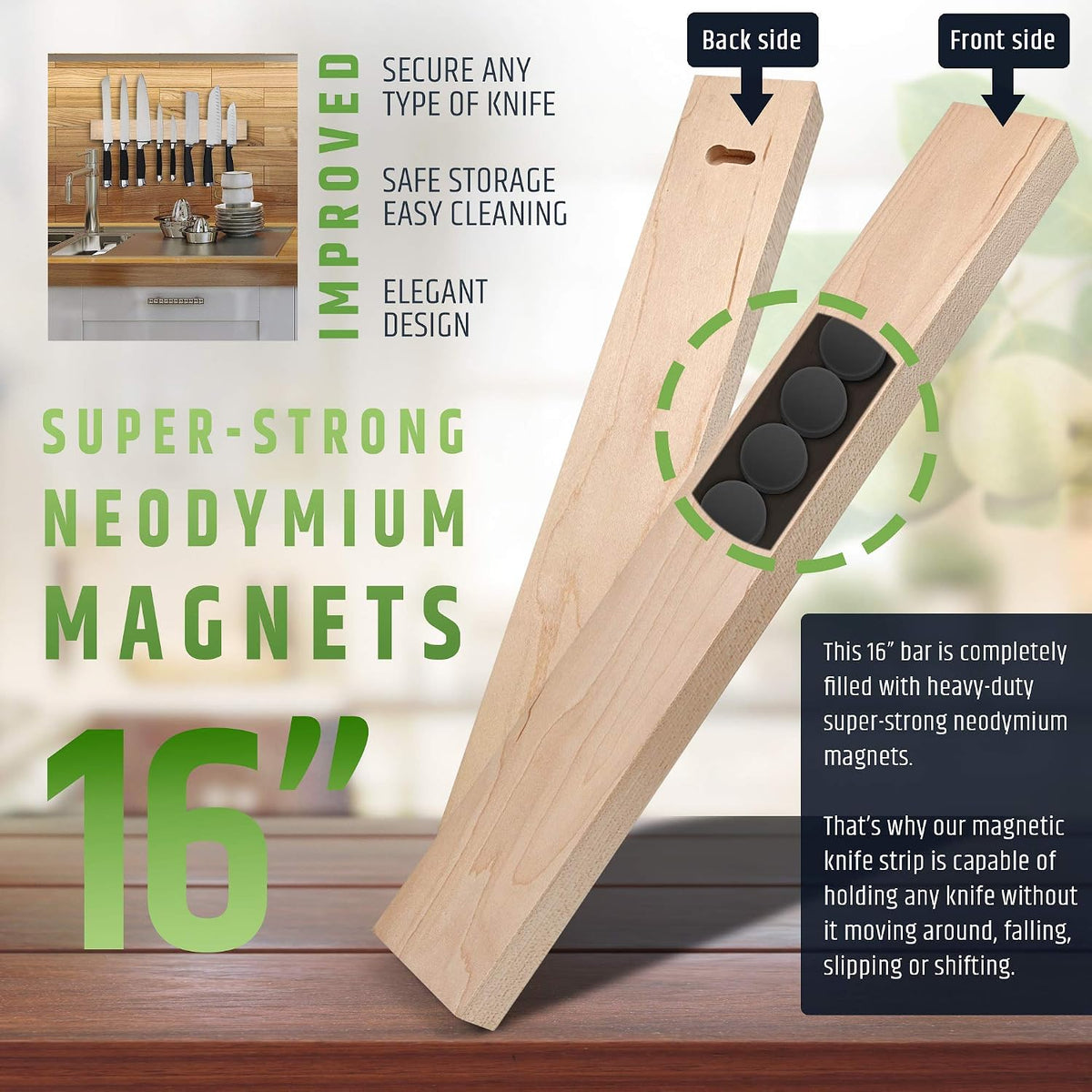Premium Dark Walnut Wood Magnetic Knife Holder for Wall | 16 Inch | Upgraded Version | Professional Wooden Magnetic Knife Strip - Space-Saving Knife Rack/Knife Bar With Powerful Magnetic Pull Force