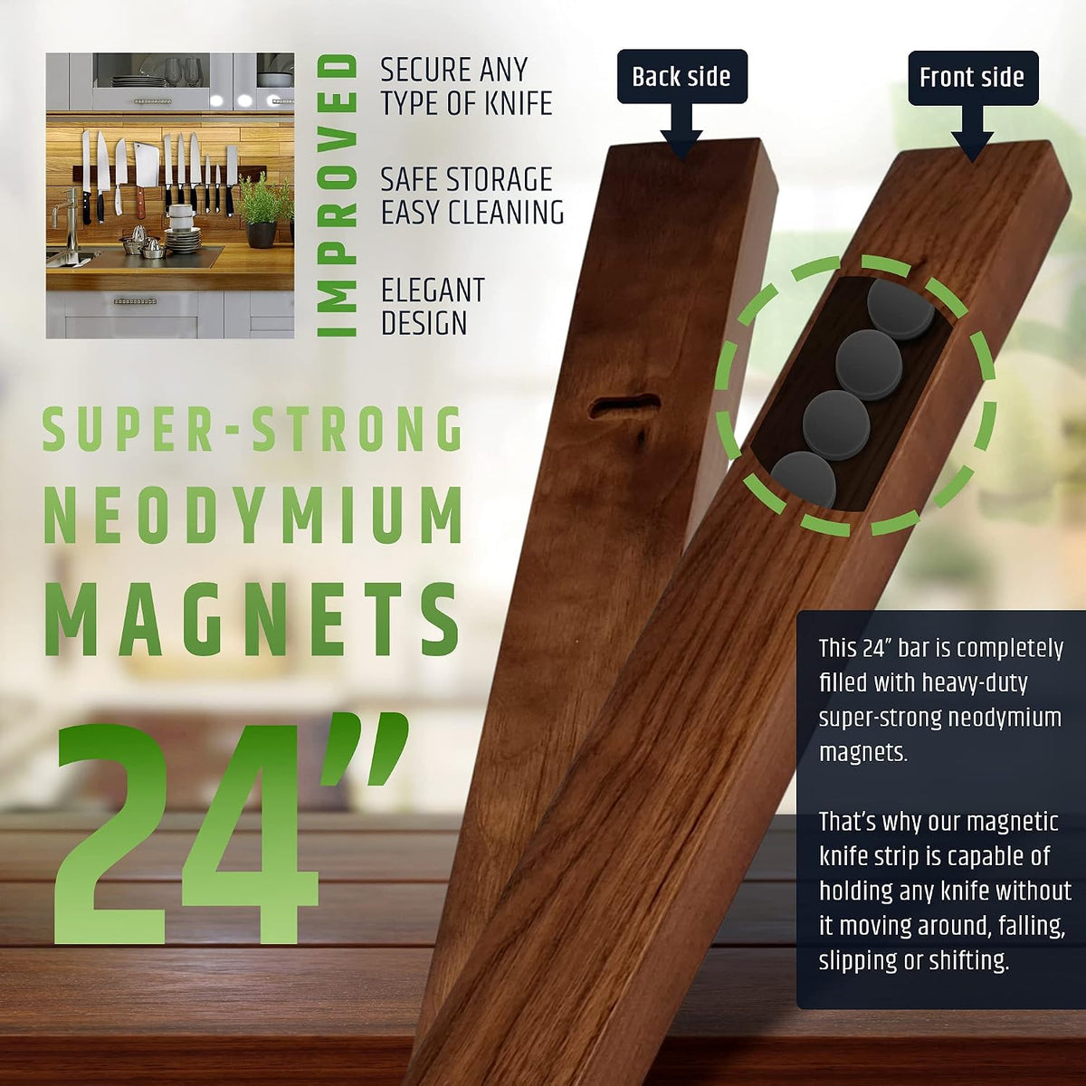 Premium Dark Walnut Wood Magnetic Knife Holder for Wall | 16 Inch | Upgraded Version | Professional Wooden Magnetic Knife Strip - Space-Saving Knife Rack/Knife Bar With Powerful Magnetic Pull Force