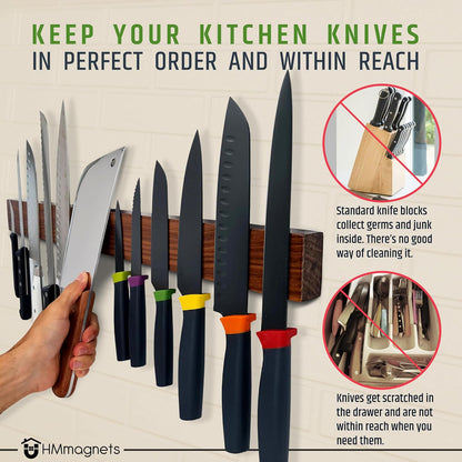 Premium Dark Walnut Wood Magnetic Knife Holder for Wall | 16 Inch | Upgraded Version | Professional Wooden Magnetic Knife Strip - Space-Saving Knife Rack/Knife Bar With Powerful Magnetic Pull Force
