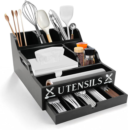 Kitchen Utensil Holder with Drawer, Farmhouse Spatula Organizer for Countertop,Large Capacity Flatware Spoon Forks Knives Cooking Tool Cutlery Holder for Party Picnic BBQ with 11 Compartments(Black)