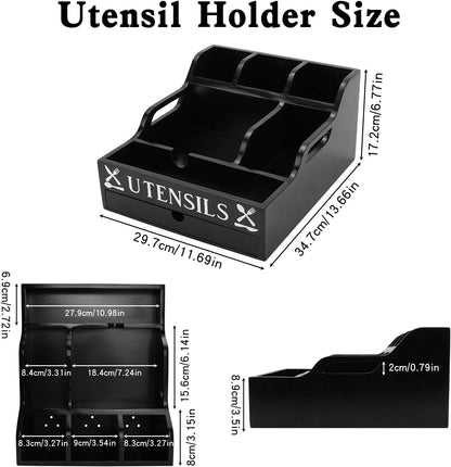 Kitchen Utensil Holder with Drawer, Farmhouse Spatula Organizer for Countertop,Large Capacity Flatware Spoon Forks Knives Cooking Tool Cutlery Holder for Party Picnic BBQ with 11 Compartments(Black)