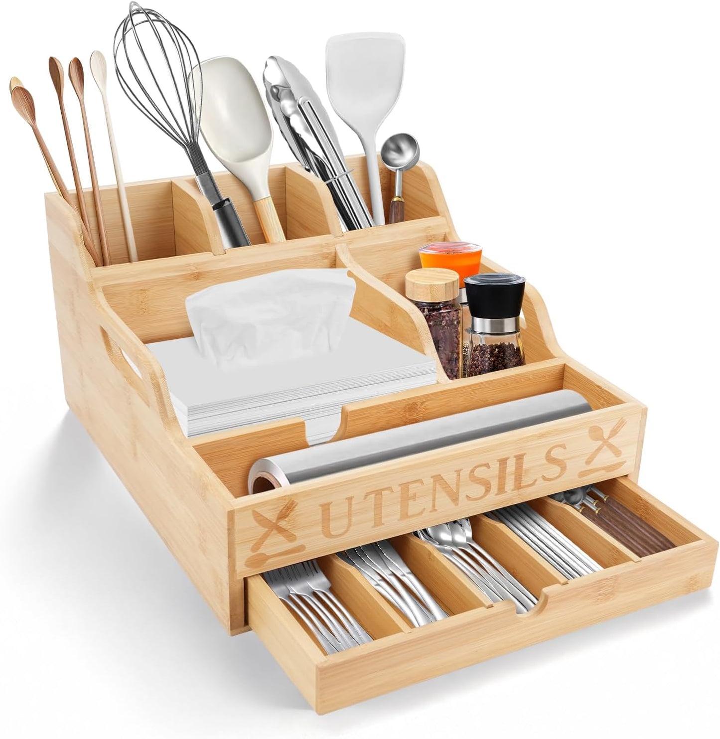 Kitchen Utensil Holder with Drawer, Farmhouse Spatula Organizer for Countertop,Large Capacity Flatware Spoon Forks Knives Cooking Tool Cutlery Holder for Party Picnic BBQ with 11 Compartments(Black)