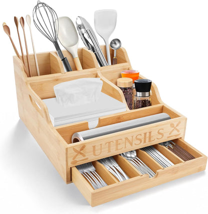 Kitchen Utensil Holder with Drawer, Farmhouse Spatula Organizer for Countertop,Large Capacity Flatware Spoon Forks Knives Cooking Tool Cutlery Holder for Party Picnic BBQ with 11 Compartments(Black)