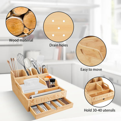 Kitchen Utensil Holder with Drawer, Farmhouse Spatula Organizer for Countertop,Large Capacity Flatware Spoon Forks Knives Cooking Tool Cutlery Holder for Party Picnic BBQ with 11 Compartments(Black)