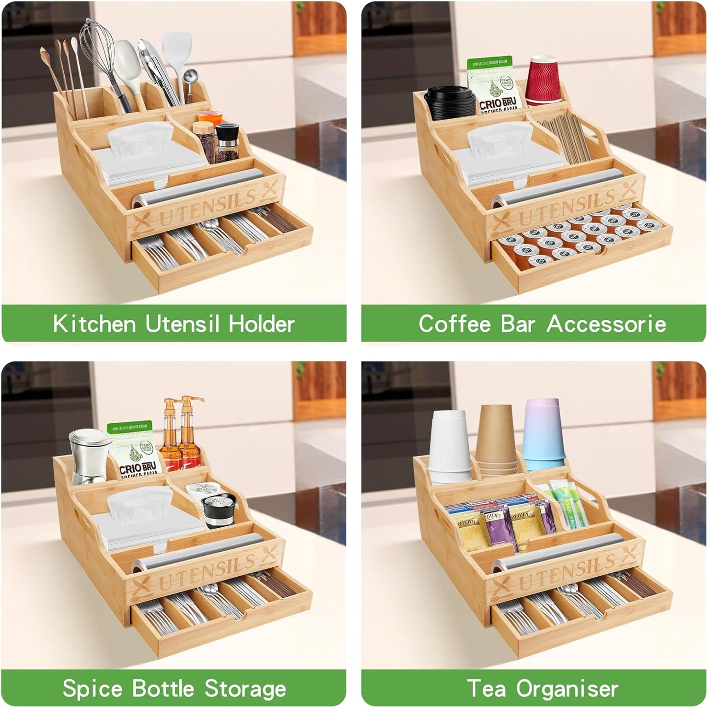 Kitchen Utensil Holder with Drawer, Farmhouse Spatula Organizer for Countertop,Large Capacity Flatware Spoon Forks Knives Cooking Tool Cutlery Holder for Party Picnic BBQ with 11 Compartments(Black)