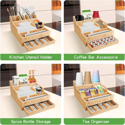 Kitchen Utensil Holder with Drawer, Farmhouse Spatula Organizer for Countertop,Large Capacity Flatware Spoon Forks Knives Cooking Tool Cutlery Holder for Party Picnic BBQ with 11 Compartments(Black)