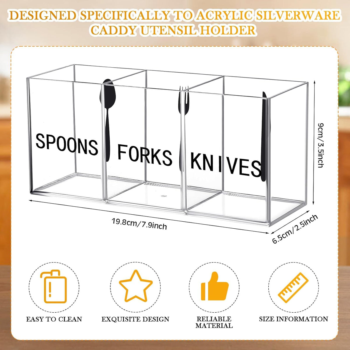 Acrylic Cutlery Storage Organizer Plastic Utensil Holder Clear Silverware Organizer 3 Section Tableware Storage Box Countertop Fork Spoon Knife Holder Party Flatware Caddy for Kitchen Storage
