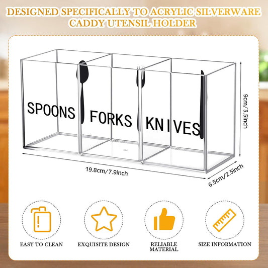 Acrylic Cutlery Storage Organizer Plastic Utensil Holder Clear Silverware Organizer 3 Section Tableware Storage Box Countertop Fork Spoon Knife Holder Party Flatware Caddy for Kitchen Storage