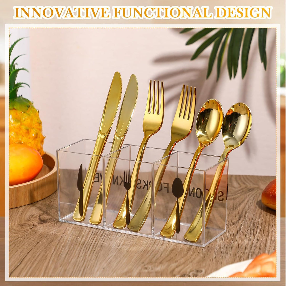 Acrylic Cutlery Storage Organizer Plastic Utensil Holder Clear Silverware Organizer 3 Section Tableware Storage Box Countertop Fork Spoon Knife Holder Party Flatware Caddy for Kitchen Storage