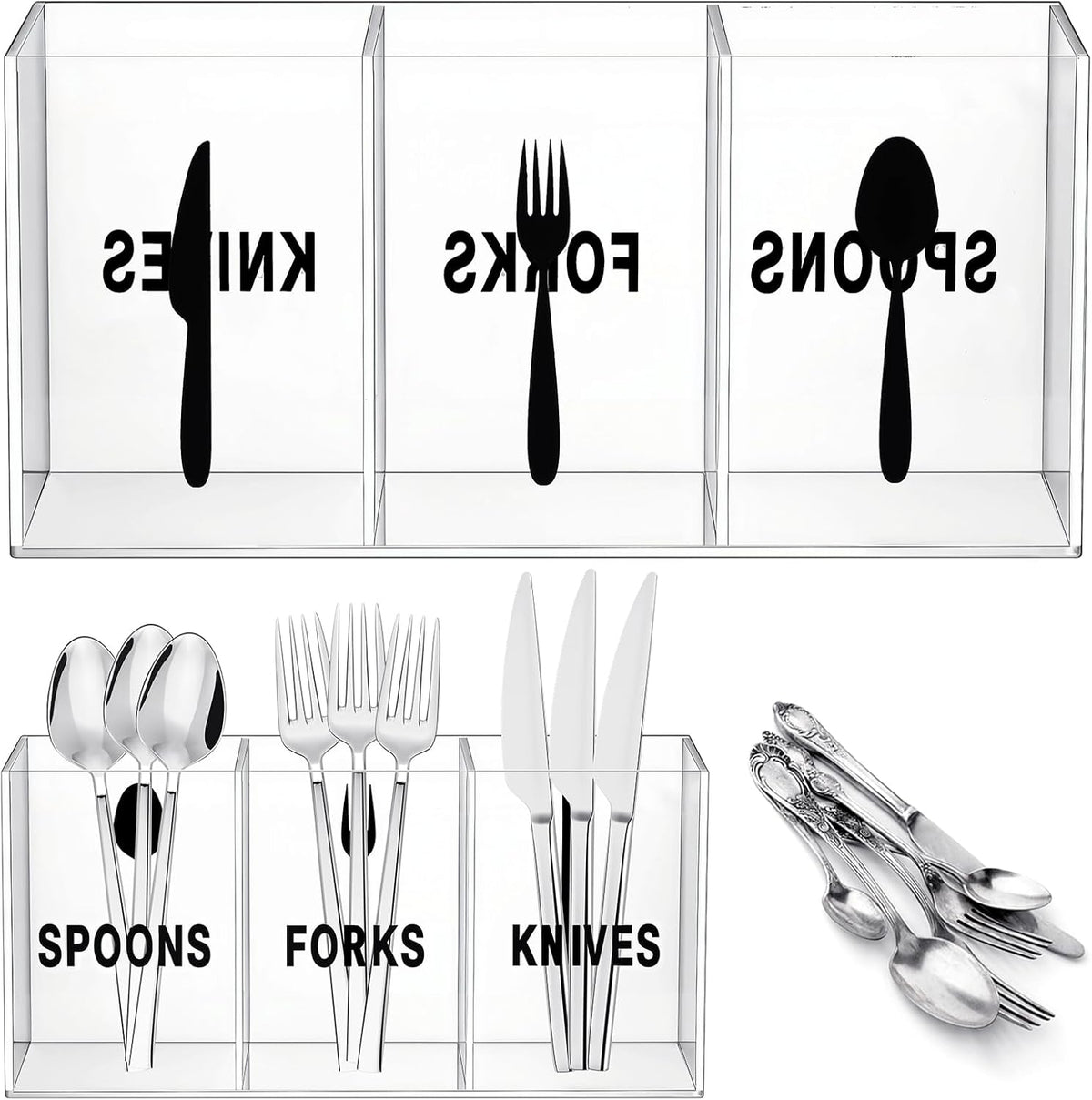 Acrylic Cutlery Storage Organizer Plastic Utensil Holder Clear Silverware Organizer 3 Section Tableware Storage Box Countertop Fork Spoon Knife Holder Party Flatware Caddy for Kitchen Storage