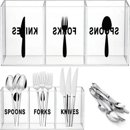 Acrylic Cutlery Storage Organizer Plastic Utensil Holder Clear Silverware Organizer 3 Section Tableware Storage Box Countertop Fork Spoon Knife Holder Party Flatware Caddy for Kitchen Storage