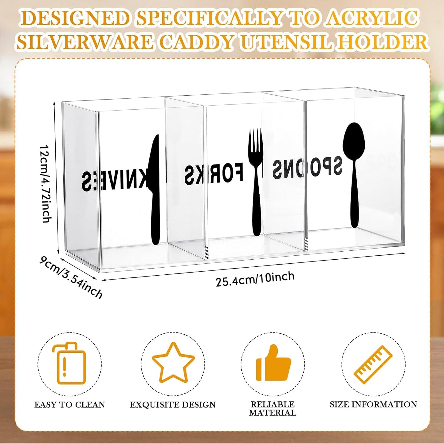 Acrylic Cutlery Storage Organizer Plastic Utensil Holder Clear Silverware Organizer 3 Section Tableware Storage Box Countertop Fork Spoon Knife Holder Party Flatware Caddy for Kitchen Storage