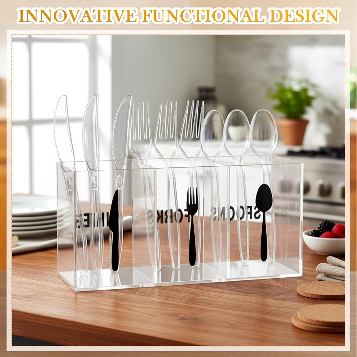 Acrylic Cutlery Storage Organizer Plastic Utensil Holder Clear Silverware Organizer 3 Section Tableware Storage Box Countertop Fork Spoon Knife Holder Party Flatware Caddy for Kitchen Storage