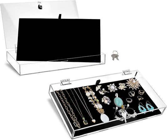 2 Pcs Set Premium Acrylic Locking Jewelry Display Case with Removable Black Luxurious MDF Velvet Pad, Pocket Knife Acrylic Collection Display Case